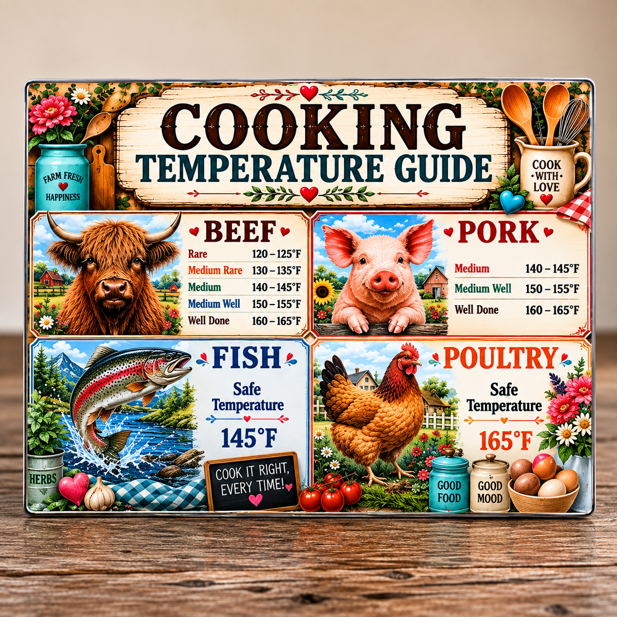 Cooking temperature animal themed glass cutting board