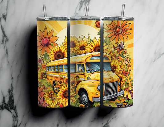 20 oz Yellow School Bus with Flowers