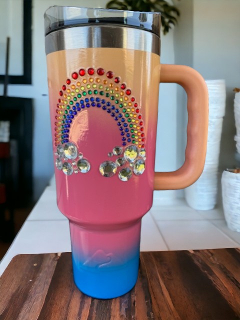 40 oz  Bling Rainbow handled Tumbler