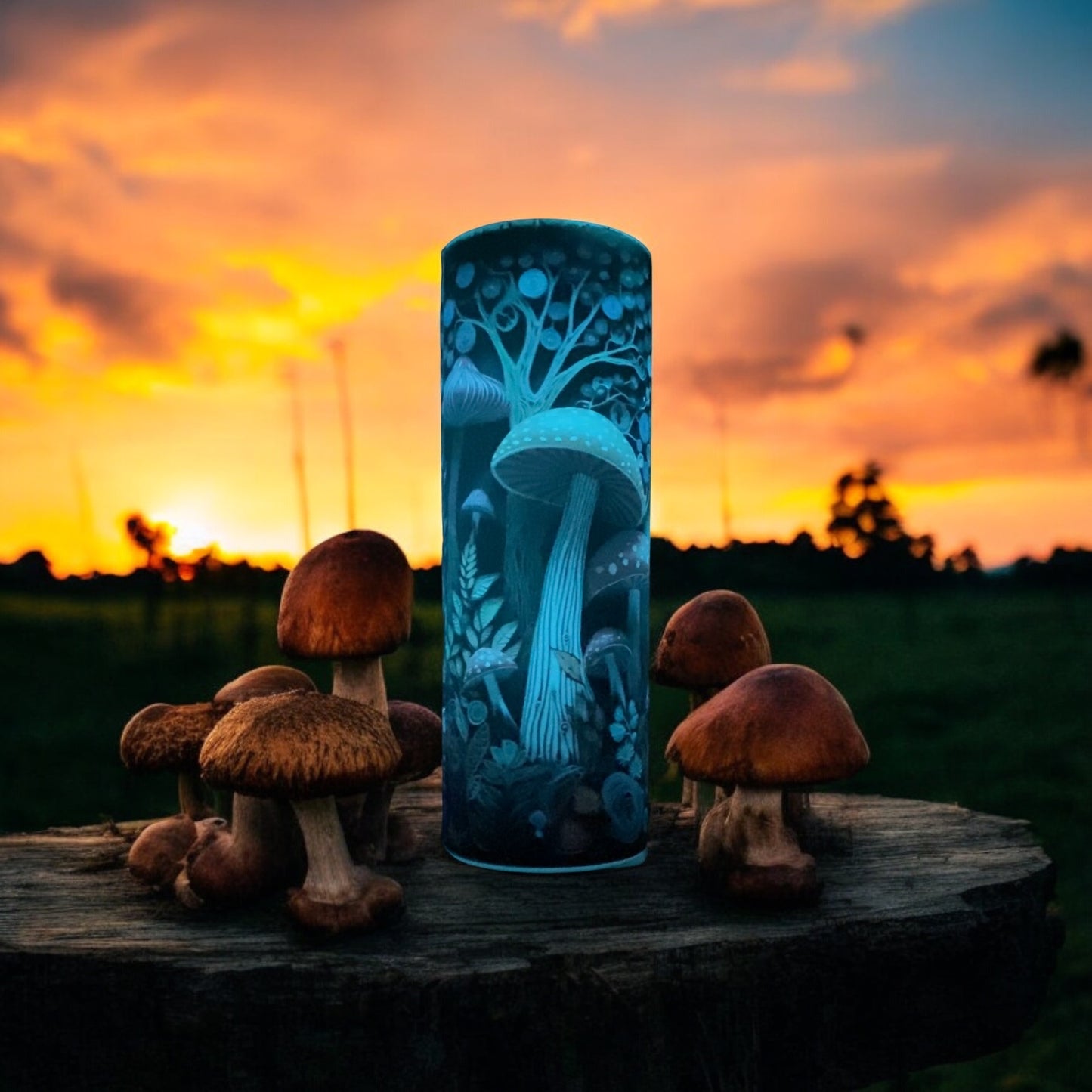 20 oz Blue glow in the dark mushrooms tumbler