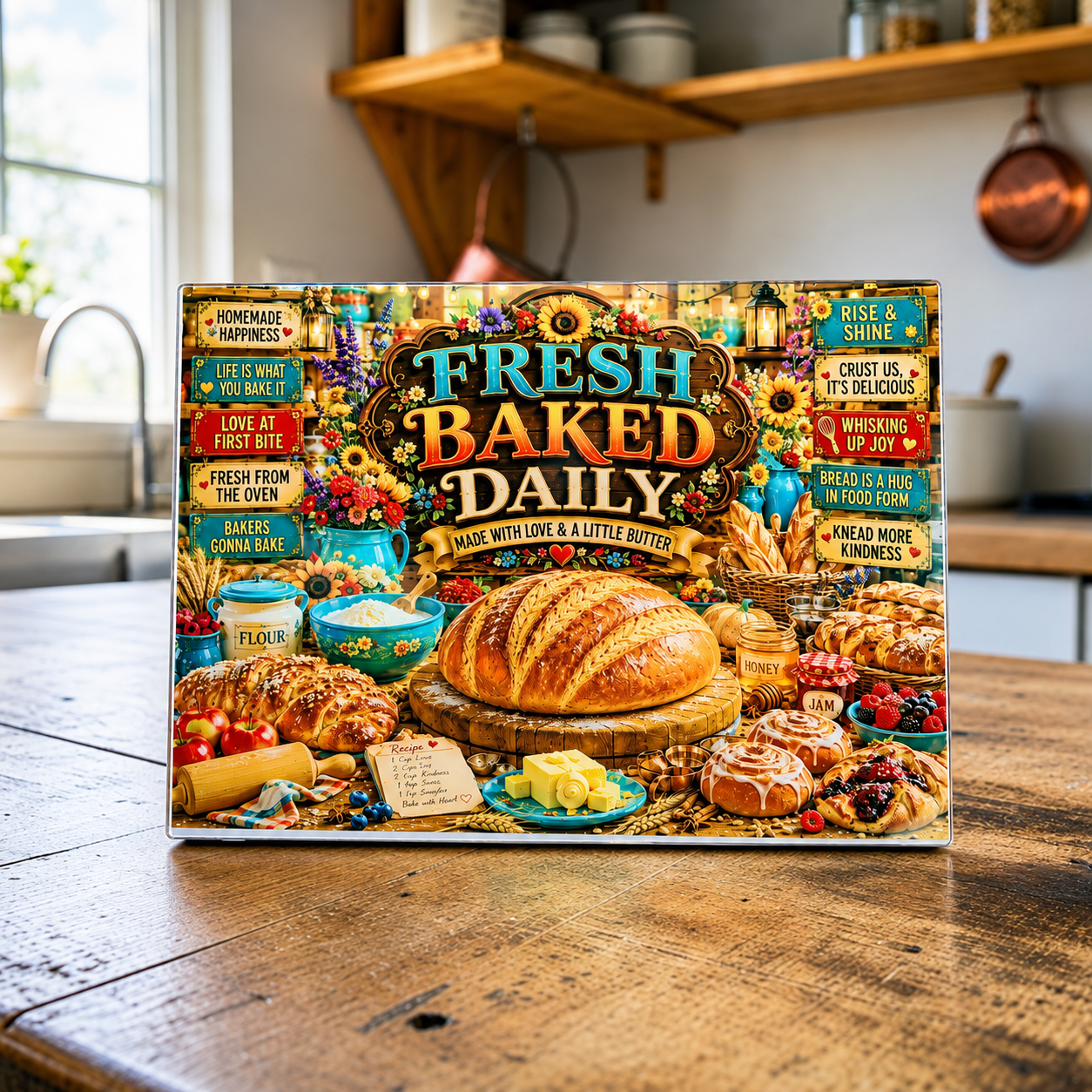 Fresh baked bread, glass cutting board