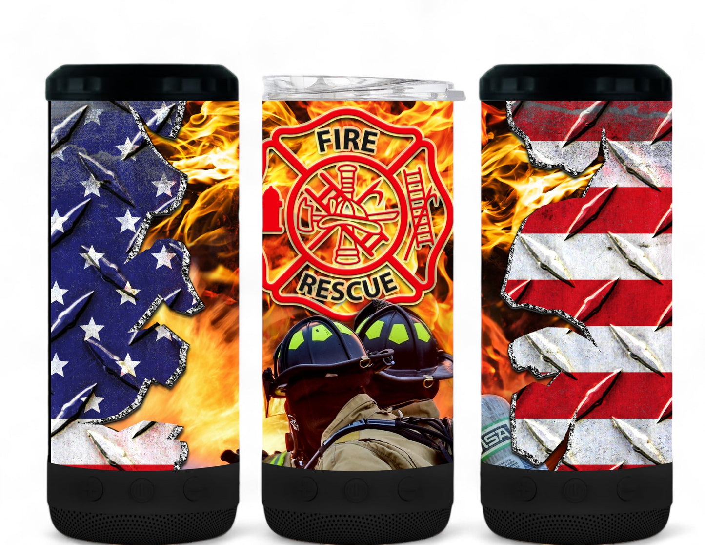 American Flag Fire Fighter Speaker Tumbler Bottle/Can Cooler